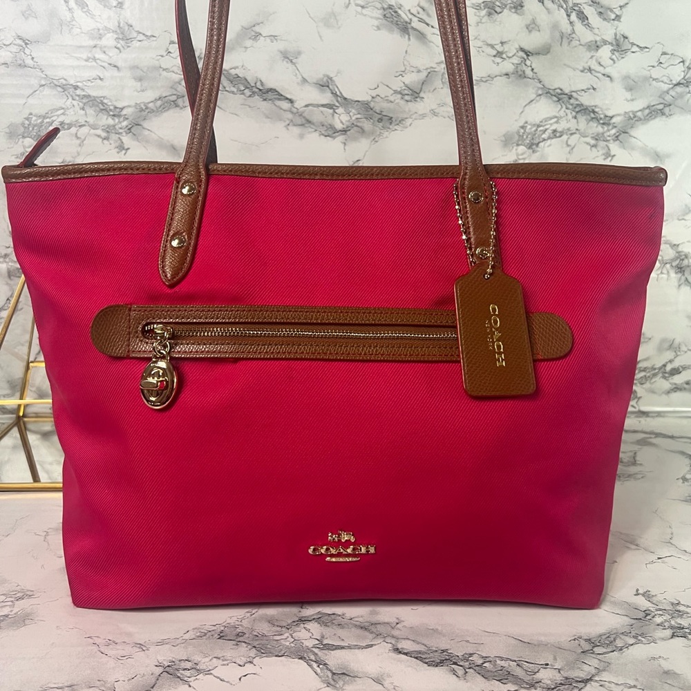 COACH MEDIUM HOT PINK CLOTH TOTE, BROWN STRAP PINK STITCH,RUST ORANGE INTERIOR